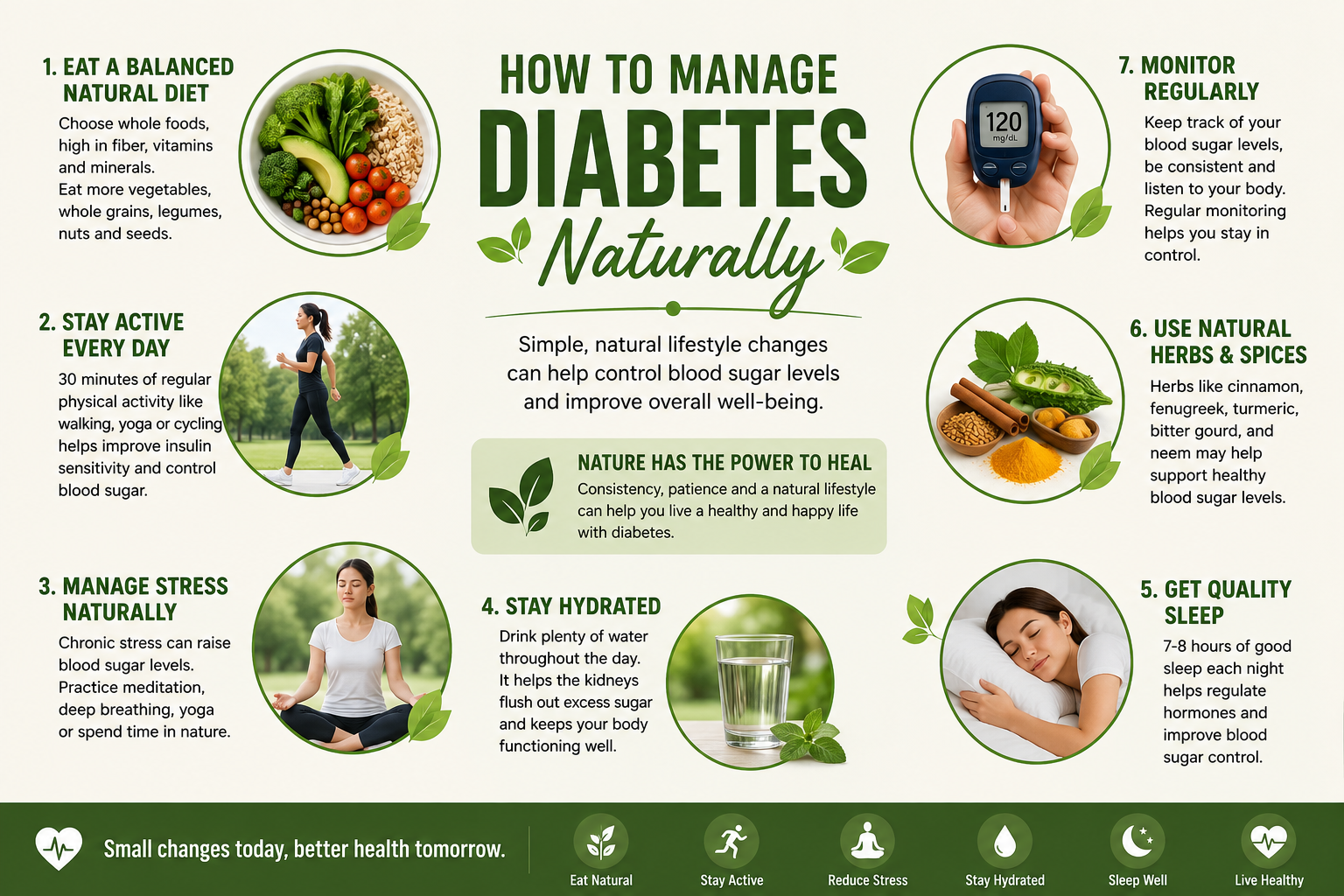 How to Manage Diabetes Naturally with healthy eating, regular exercise, quality sleep, hydration, stress management, and natural lifestyle habits to support healthy blood sugar levels.