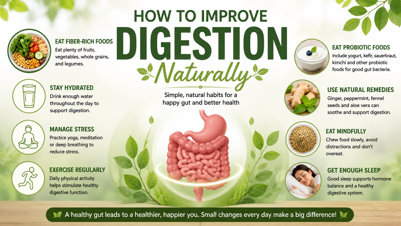 **Featured Image Caption:** Healthy digestion starts with simple daily habits like eating more fiber, staying hydrated, exercising regularly, managing stress, and including probiotic foods in your diet.