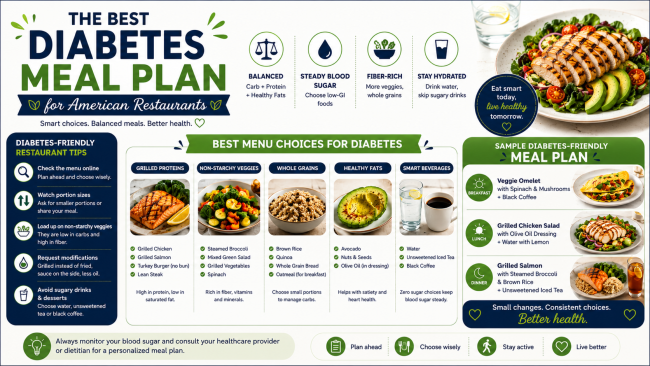 Best Diabetes Meal Plan for American Restaurants infographic featuring grilled chicken, salmon, fresh salads, whole grains, healthy fats, and diabetes-friendly dining tips for balanced blood sugar management.